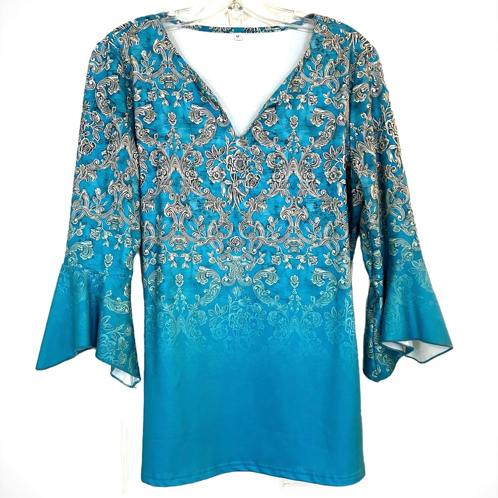 Teal and Silver Floral Tunic Top – Size M